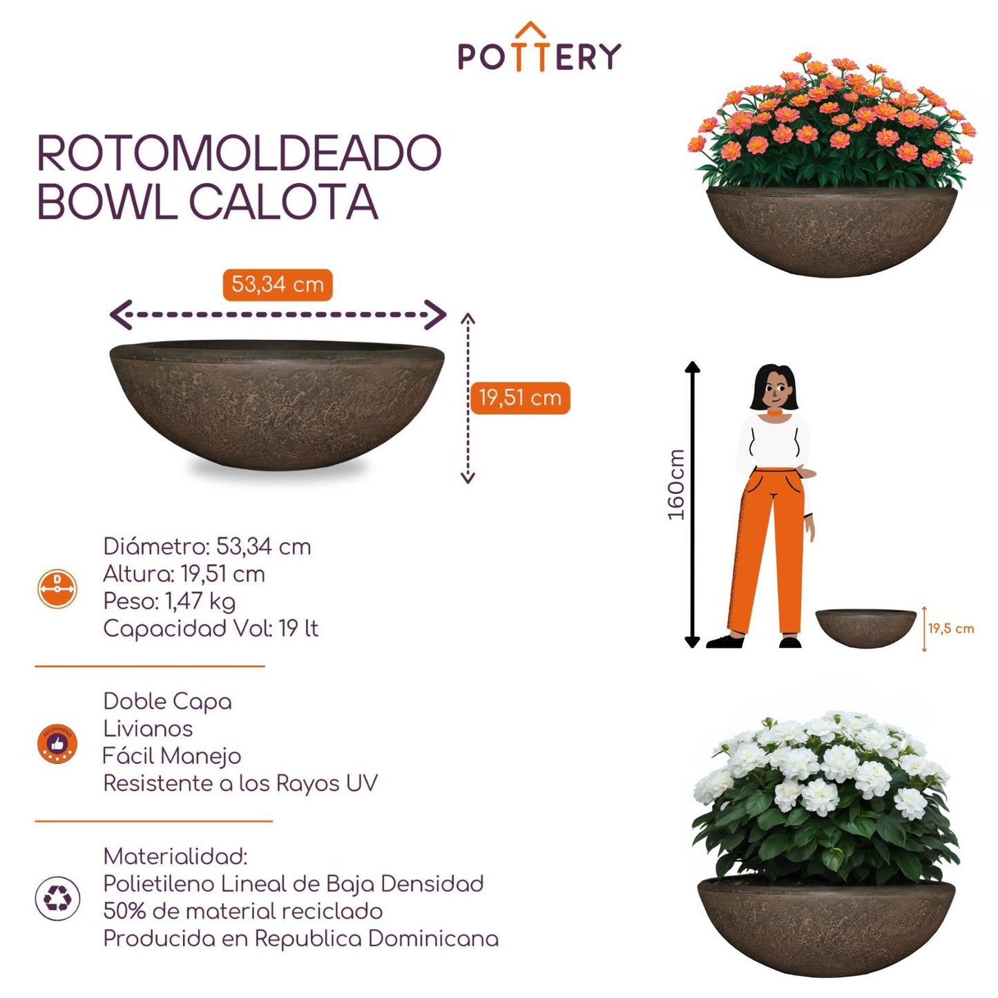 Maceta Bowl Calota 53 Cobre