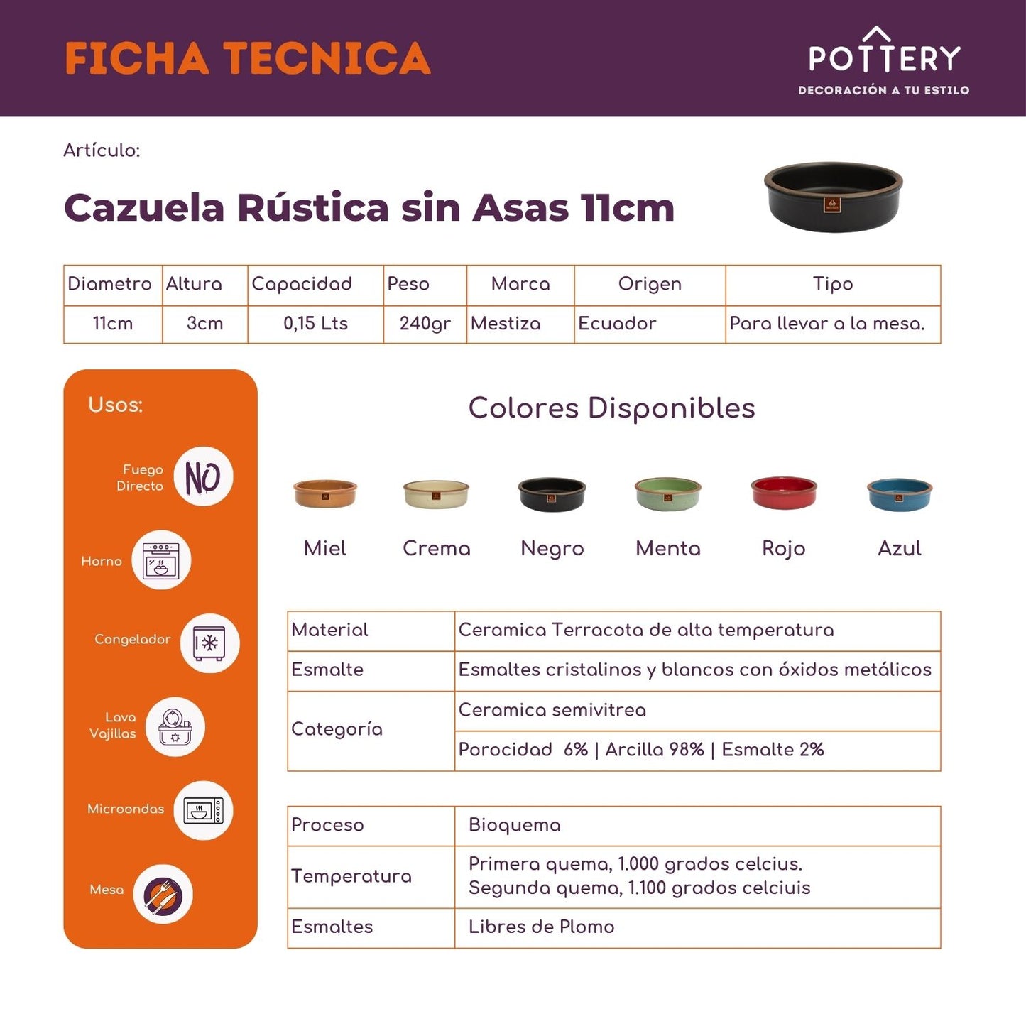 Cazuela 11 cm Cerámica Esmaltada