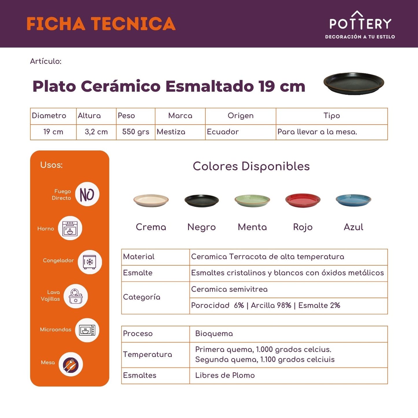 Platos 19 cm Cerámica Esmaltada