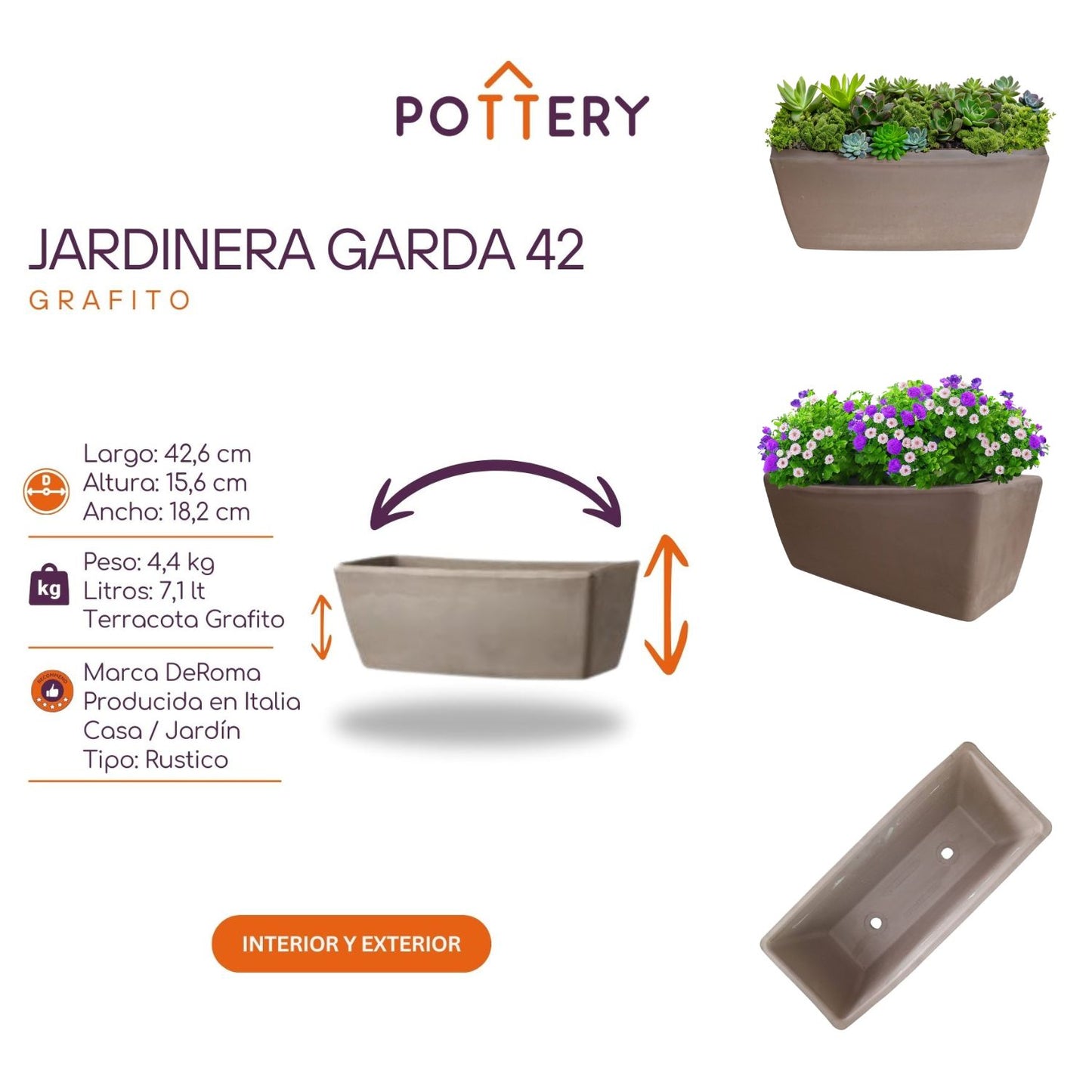 Jardinera Rectangular Garda 42 cm Tarracota Gris