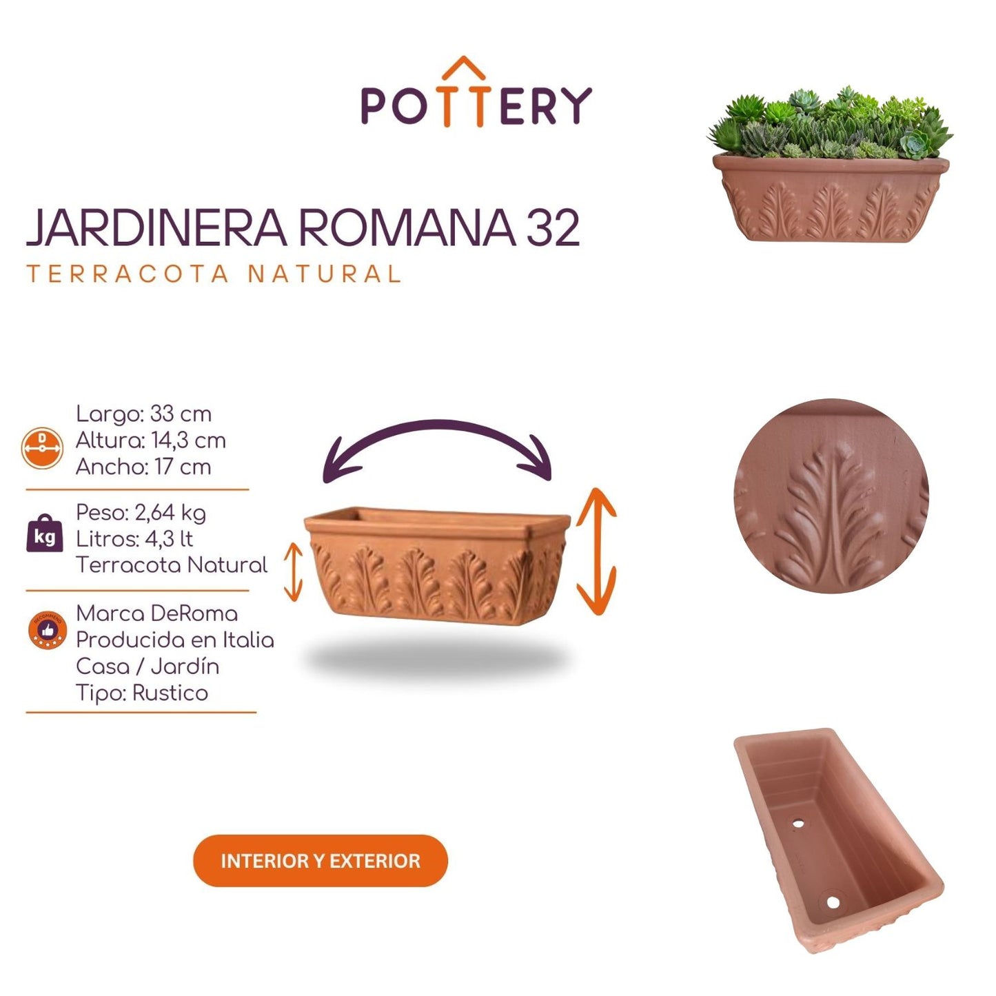 Jardinera Rectangular Romana Terracota 32cm