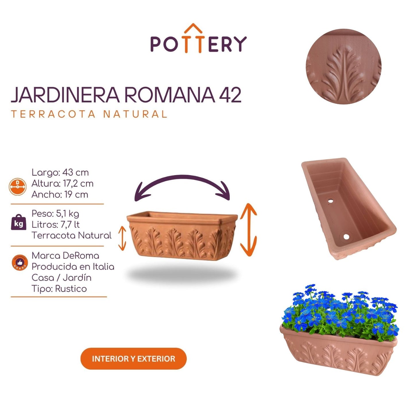 Jardinera Rectangular Romana Terracota 42cm