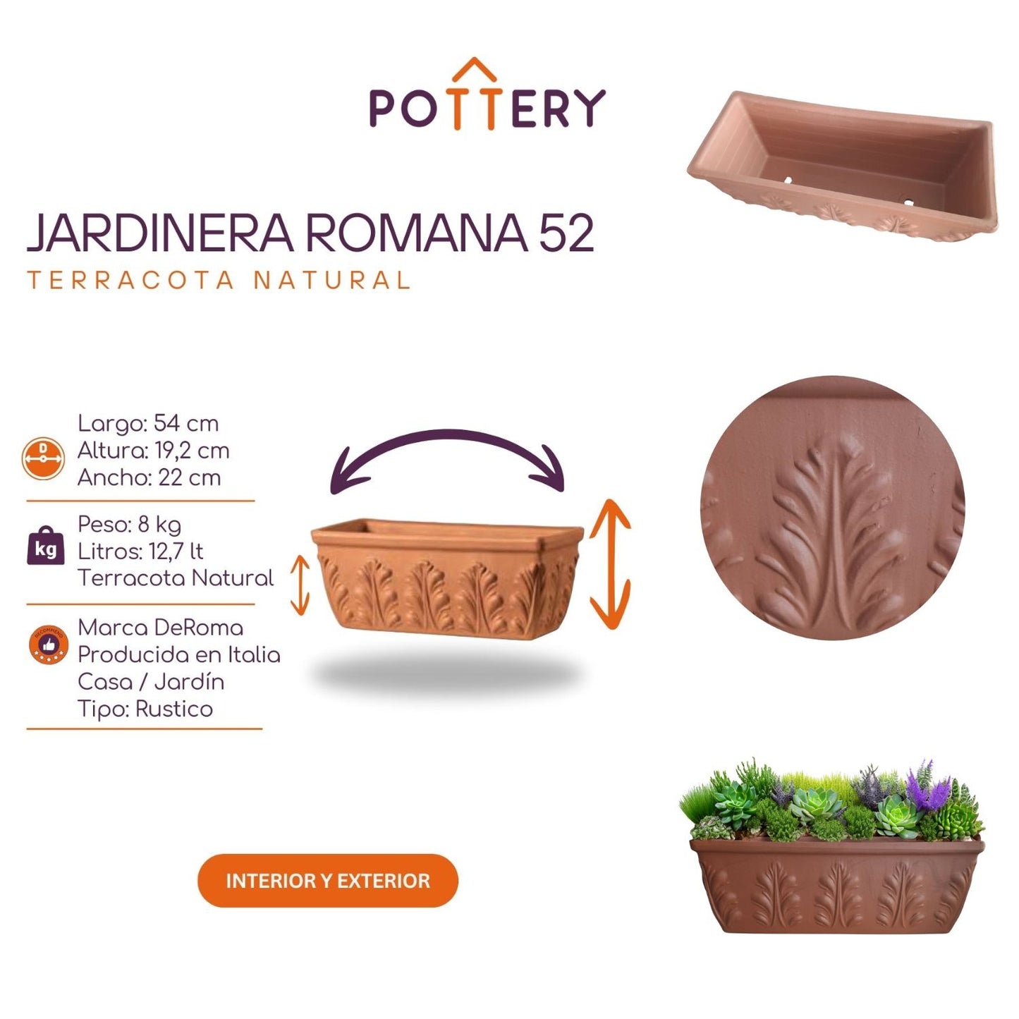 Jardinera Rectangular Romana Terracota 52cm