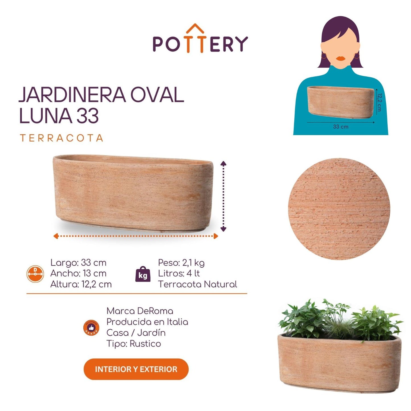 Jardinera Luna 33cm Ovalada Terracota