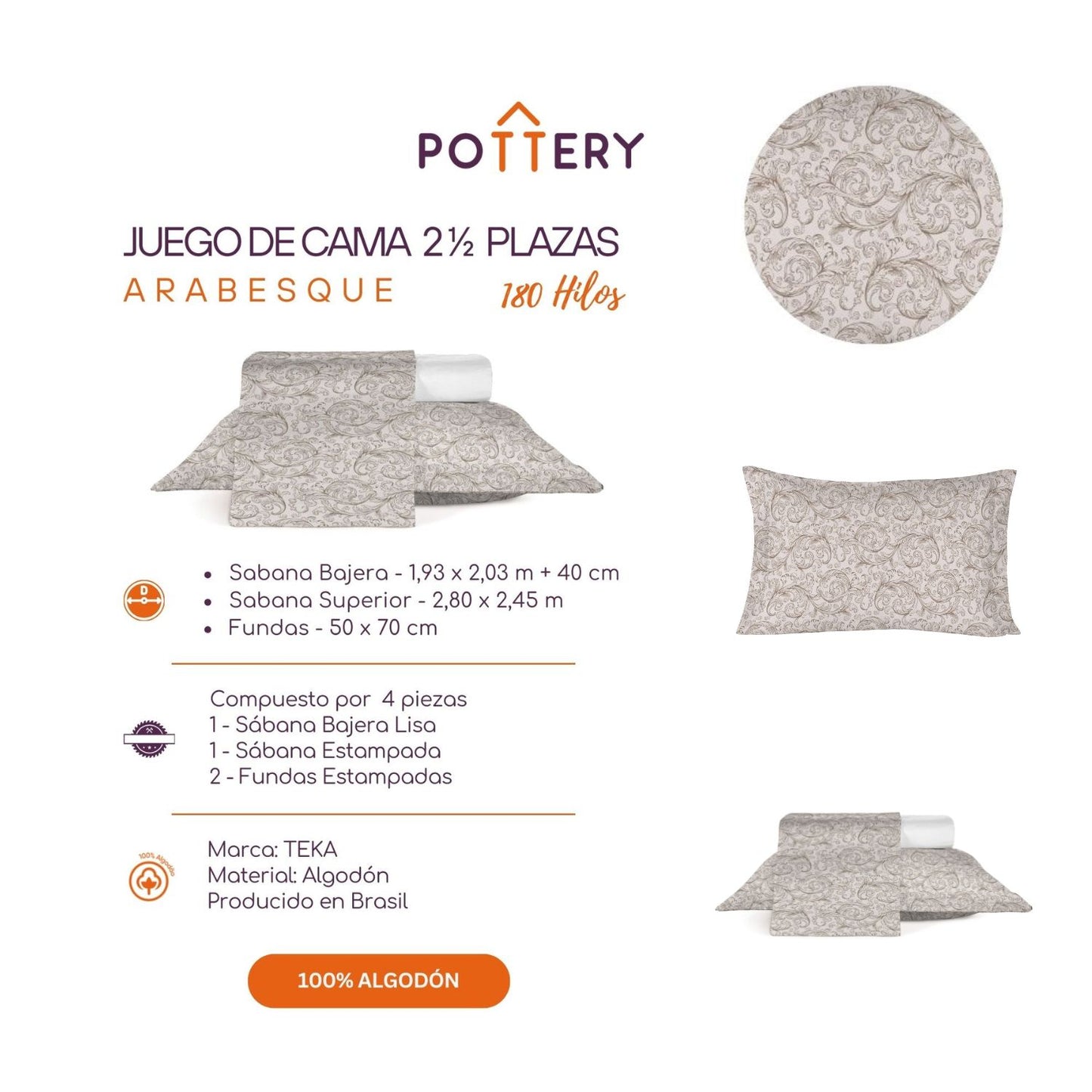 Juego de Sábanas 4 Piezas ARABESQUE , 2  1⁄2 plazas - 180 hilos en 100% Algodón