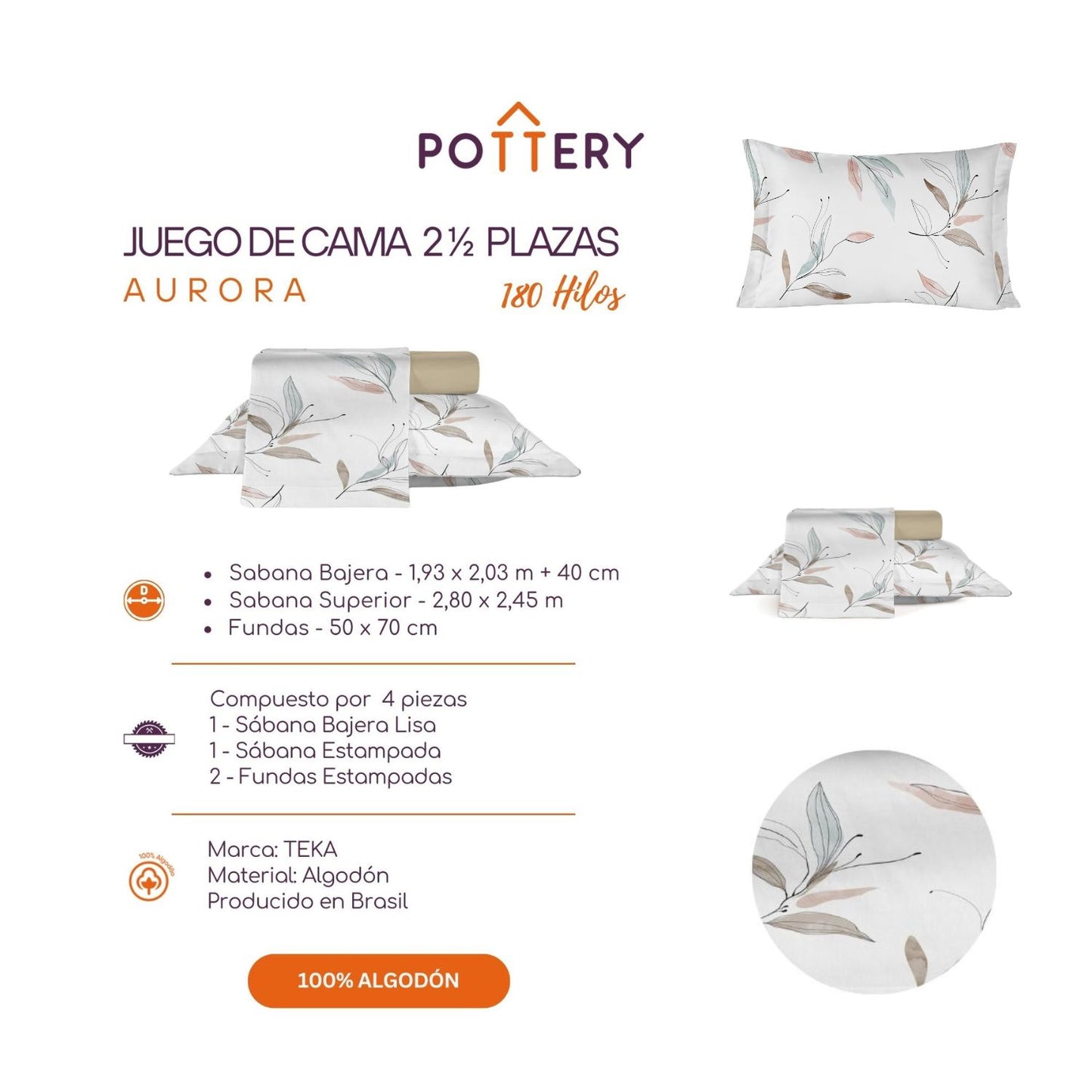 Juego de Sábanas 4 Piezas AURORA, 2  1⁄2 plazas - 180 hilos en 100% Algodón