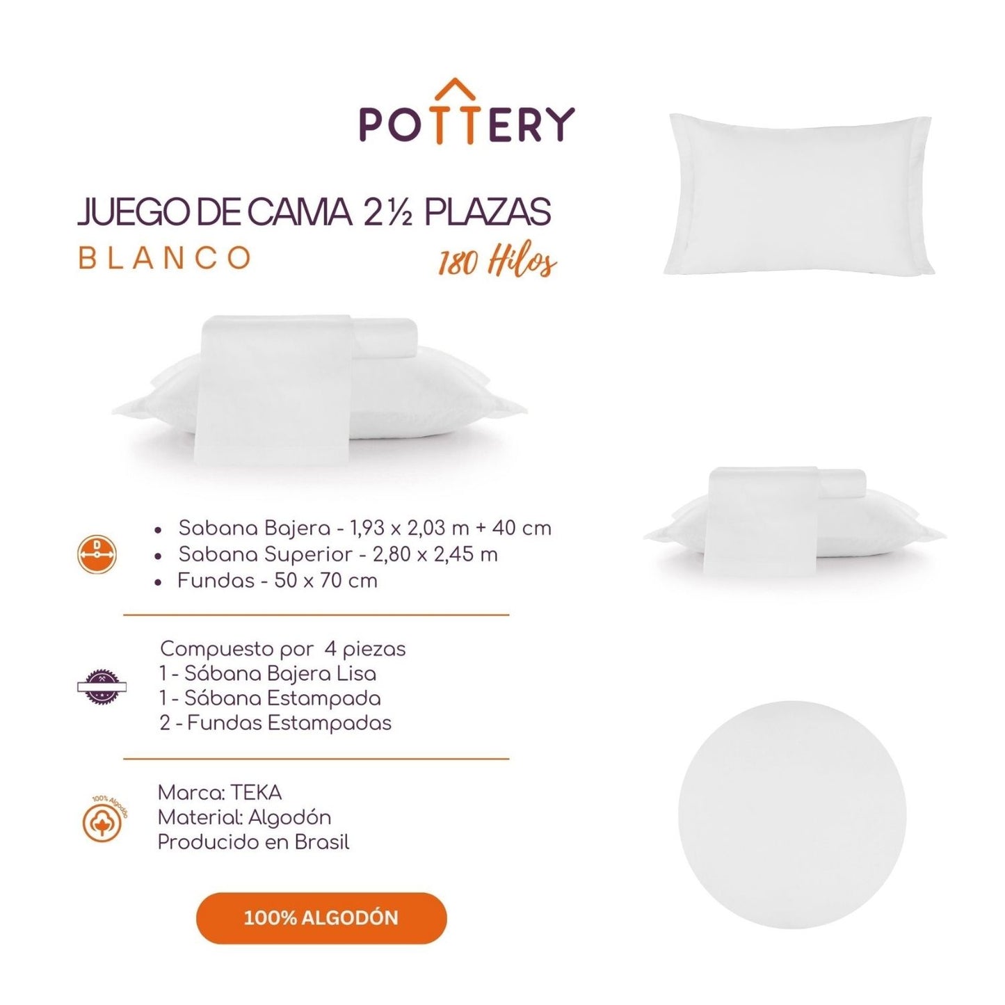 Juego de Sábanas 4 Piezas BLANCO, 2  1⁄2 plazas - 180 hilos en 100% Algodón