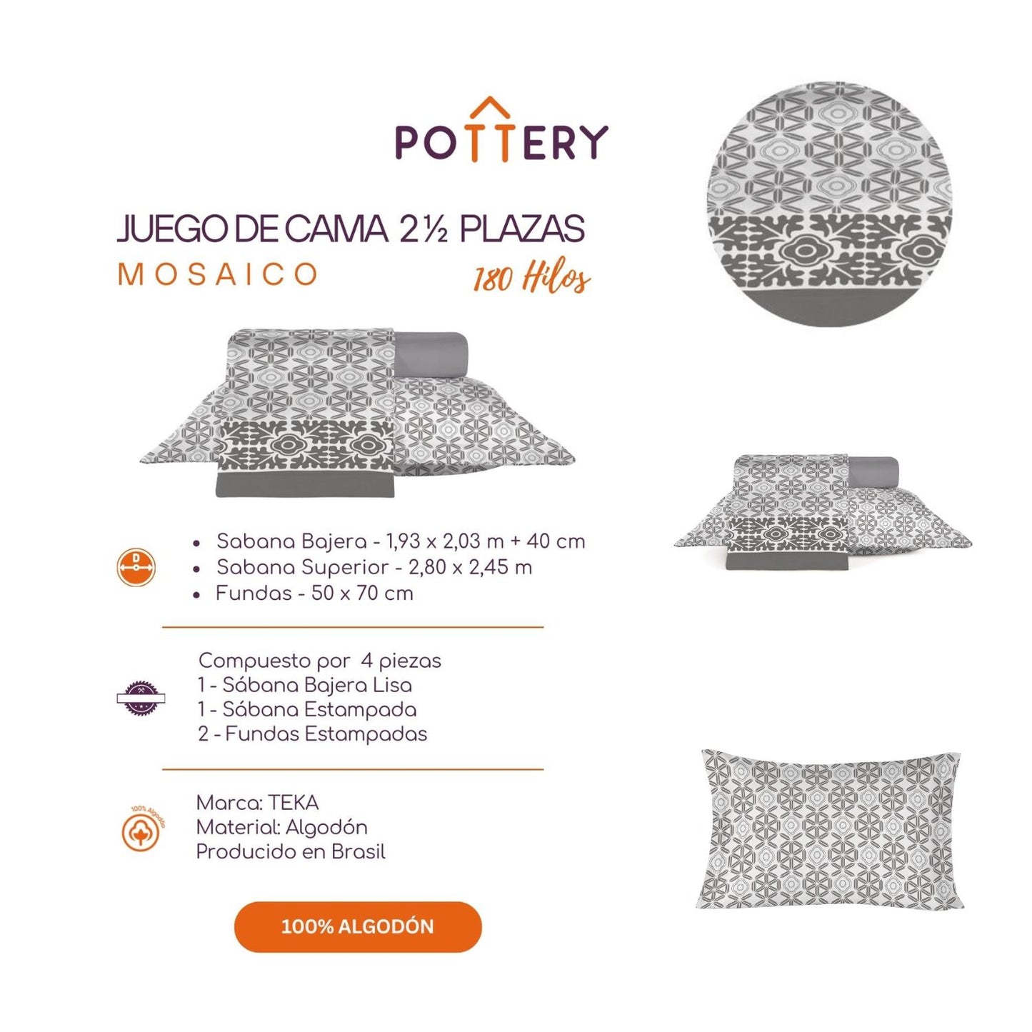 Juego de Sábanas 4 Piezas MOSAICO, 2  1⁄2 plazas - 180 hilos en 100% Algodón