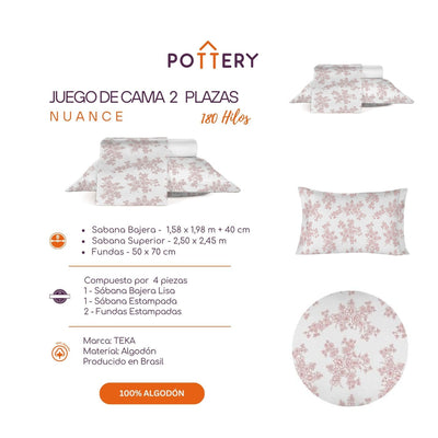 Juego de Sábanas 4 Piezas NUANCE, 2 plazas - 180 hilos en 100% Algodón