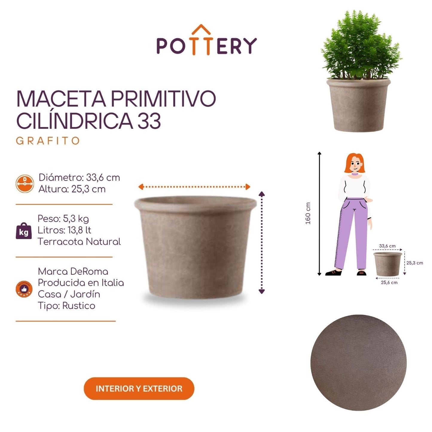 Macetero Primitivo Cilíndrico Grafito 33