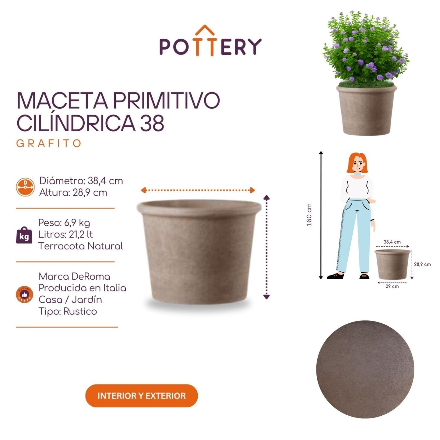 Macetero Primitivo Cilíndrico Grafito 38