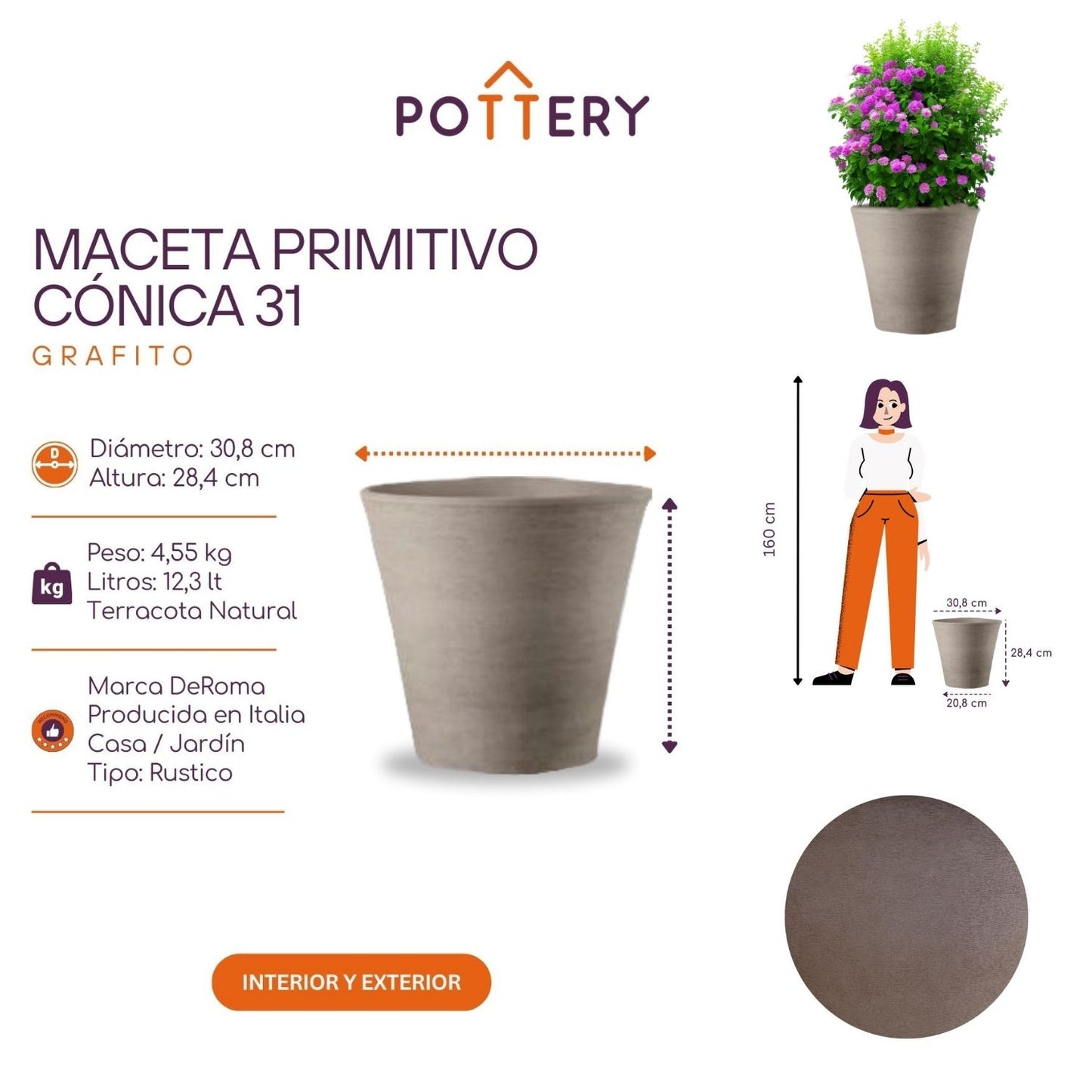 Macetero Primitivo Cónico Grafito 31