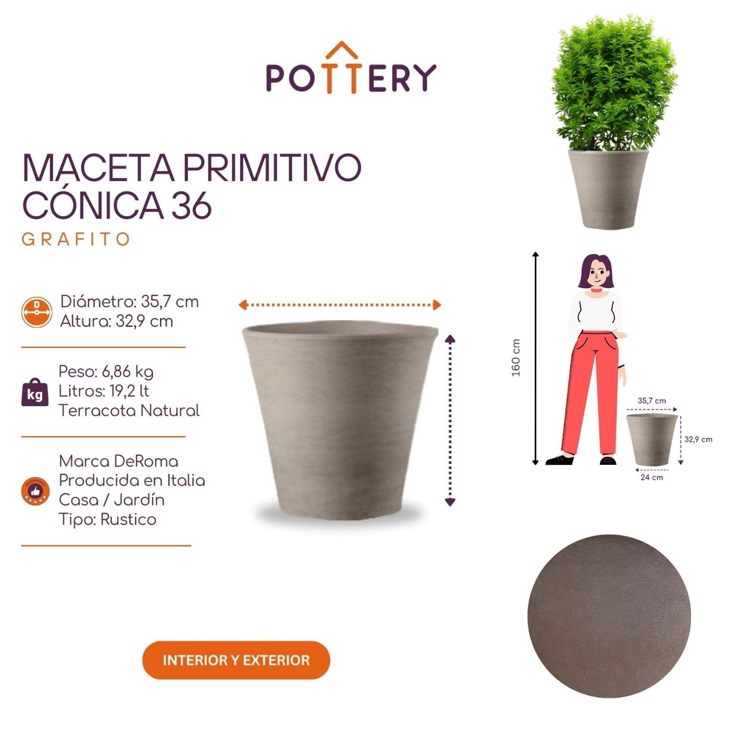 Macetero Primitivo Cónico Grafito 36