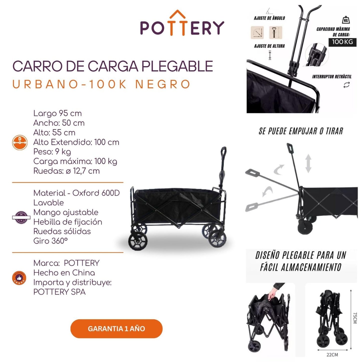 Carro de Carga Plegable Urbano - 100K Negro