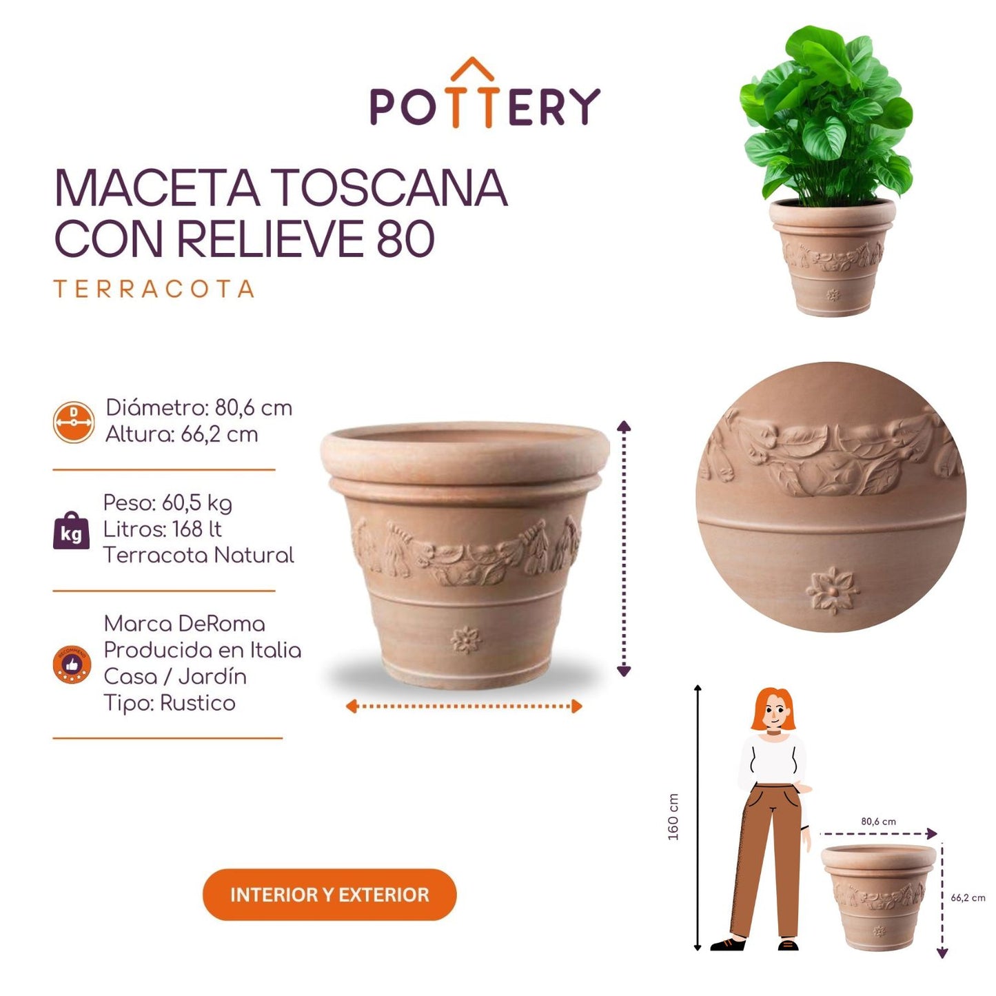 Maceta Extra Grande Toscana 80cm con Relieve Terracota