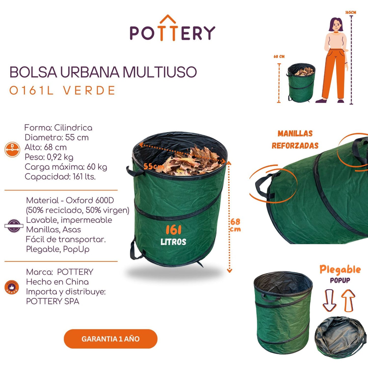Bolsa Multiuso PopUp Plegable 161 Lts Verde XXL