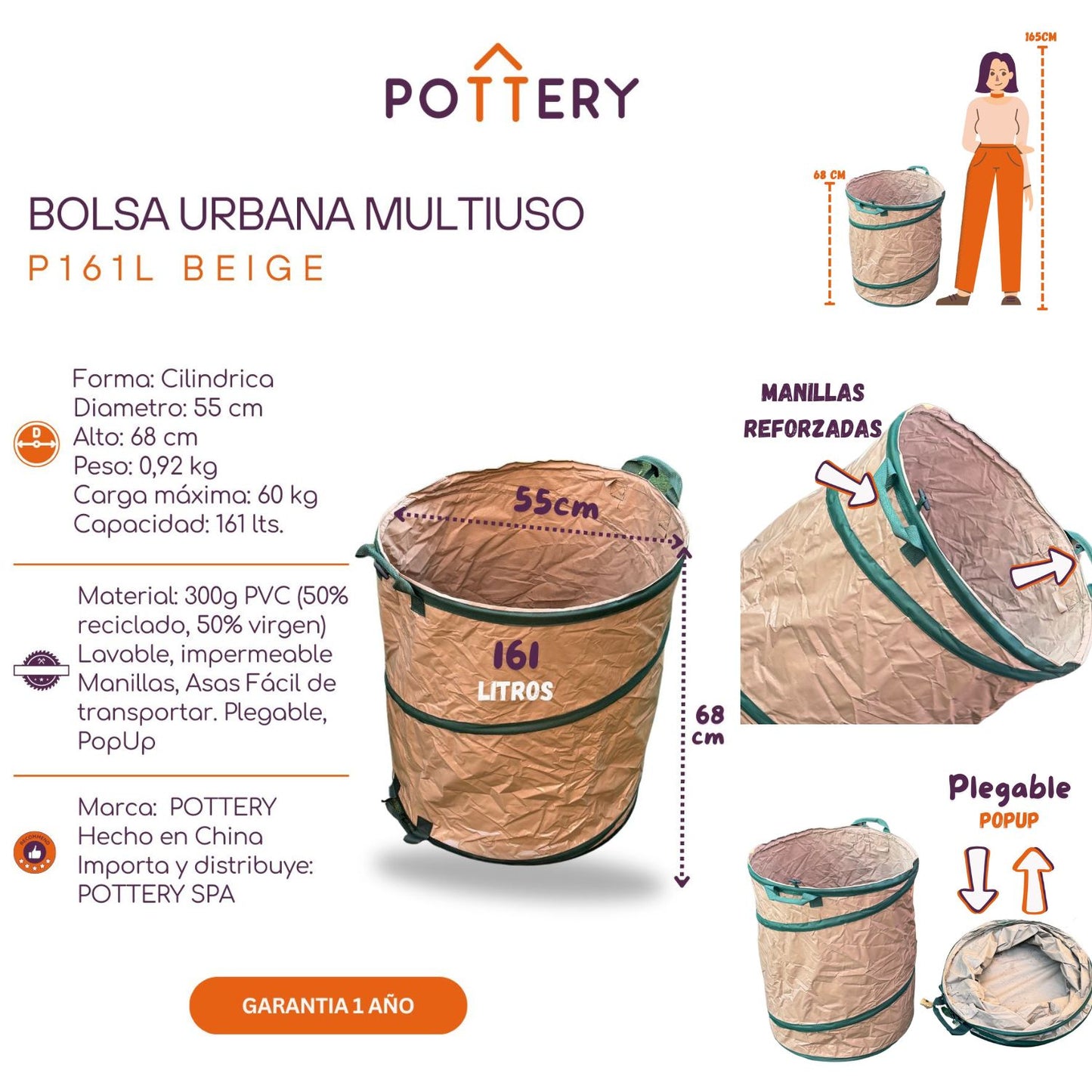 Bolsa Multiuso PopUp Plegable 161Lts Beige PVC300g XXL