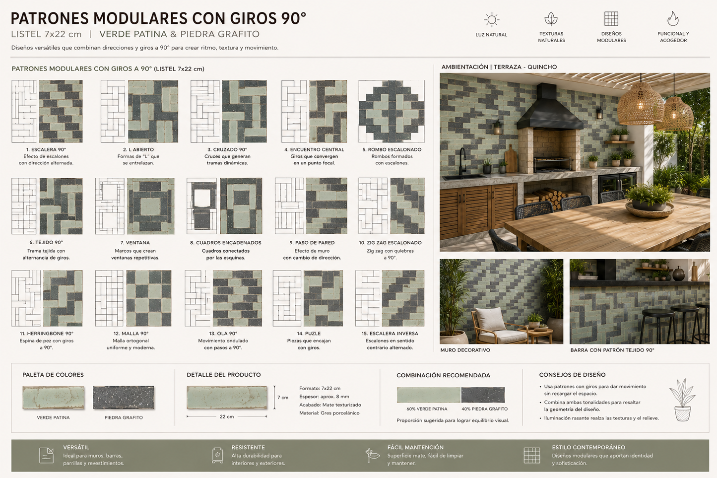 Pack de 4 Enchape Ceramico Vintage Verde Envejecido (22x7cm c/u)