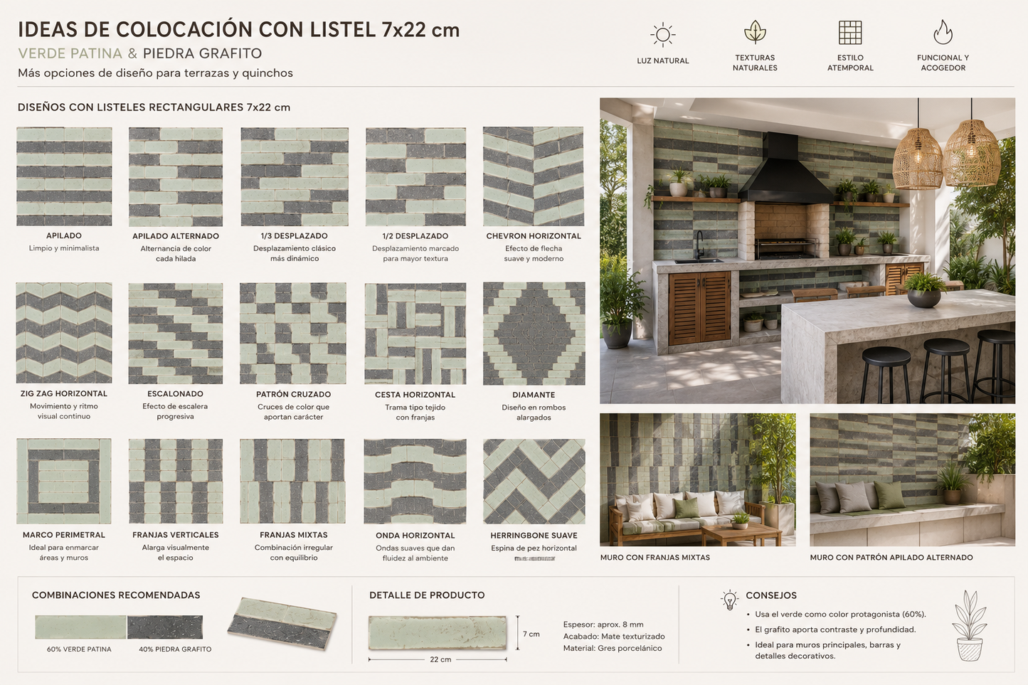 Pack de 4 Enchape Ceramico Vintage Verde Envejecido (22x7cm c/u)