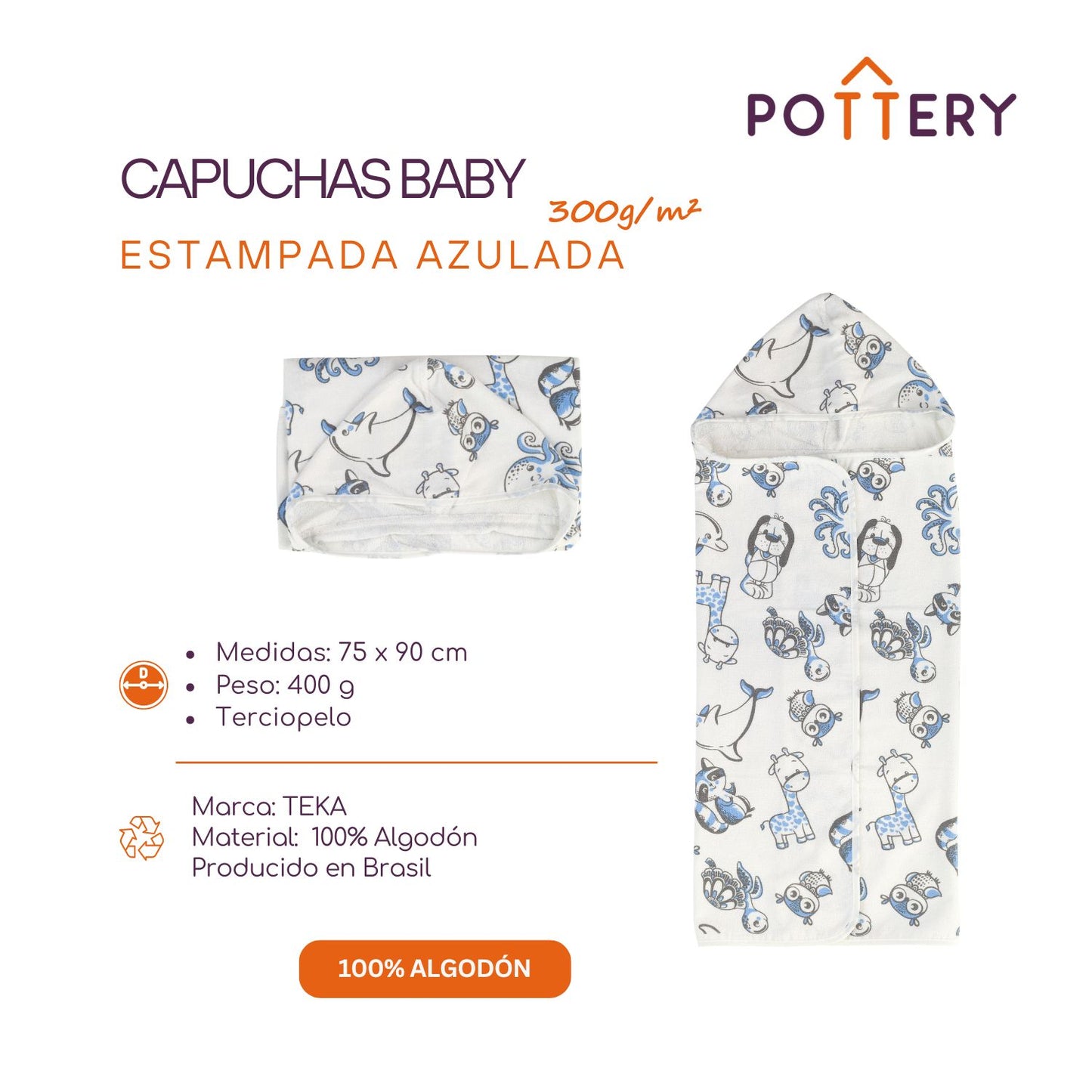 Toalla Capucha De Algodón Estampada Bichos Azules - 75 x 90cm - 300 g/m²