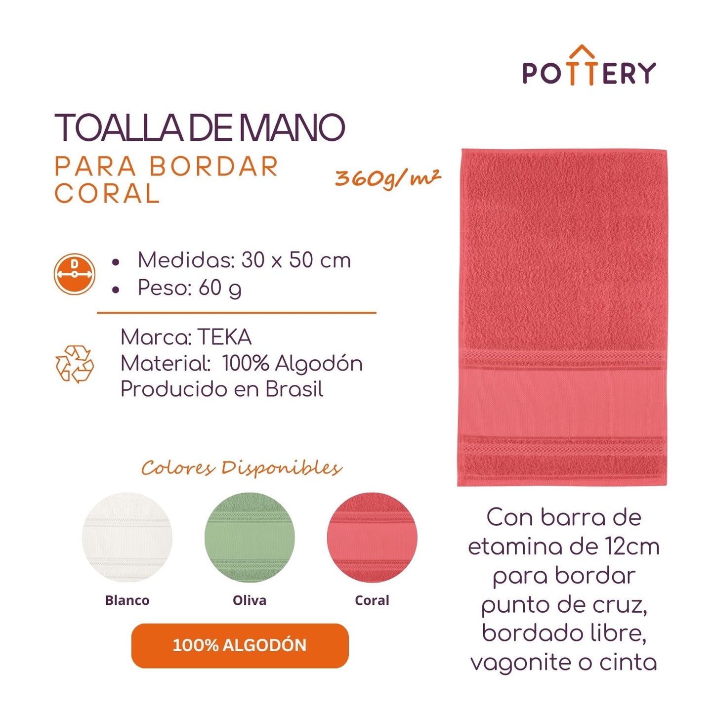 Toalla de Mano para Bordar Cristine - 100% Algodón - 360g/m² - Teka