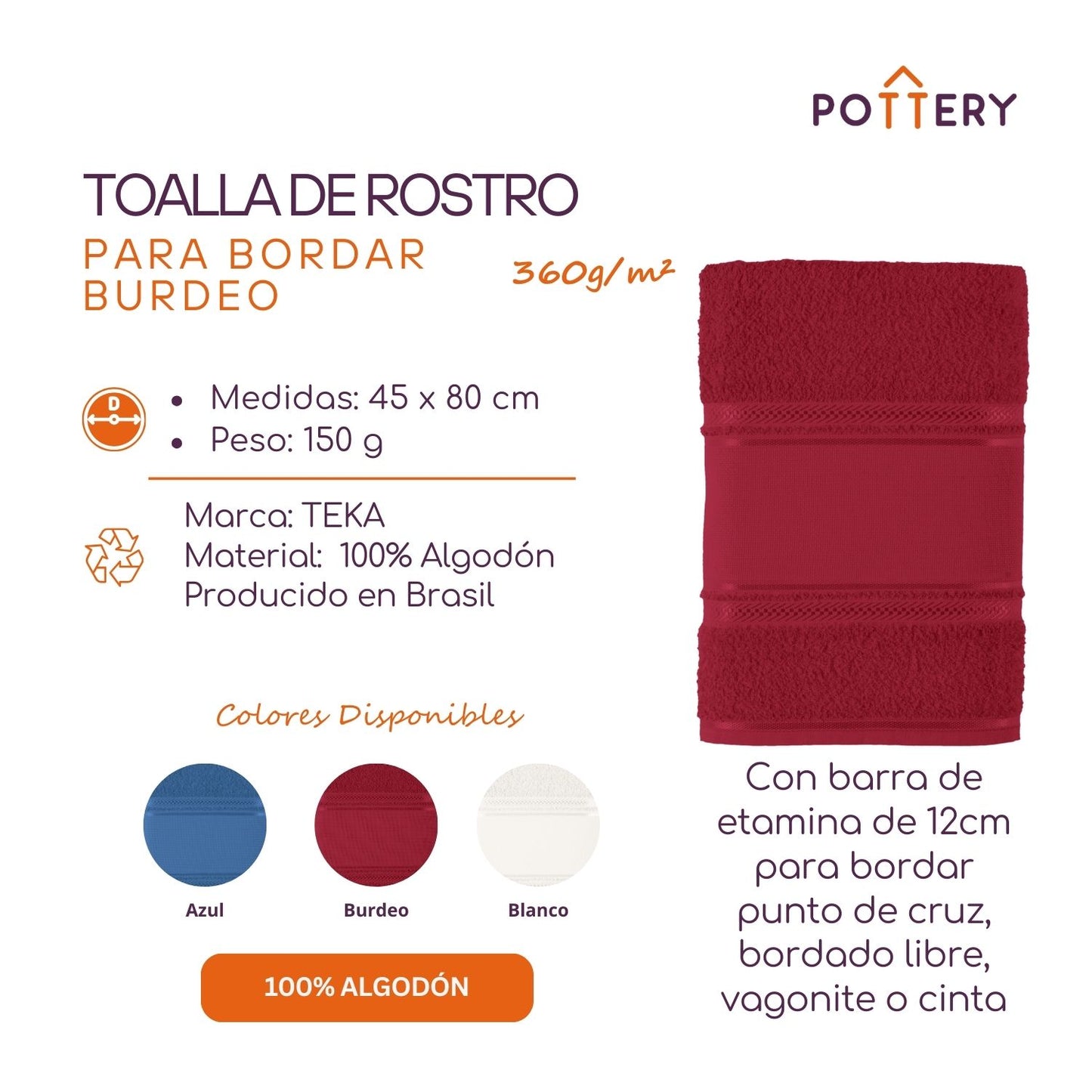 Toalla de Rostro para Bordar Cristine - 100% Algodón - 360g/m² - Teka