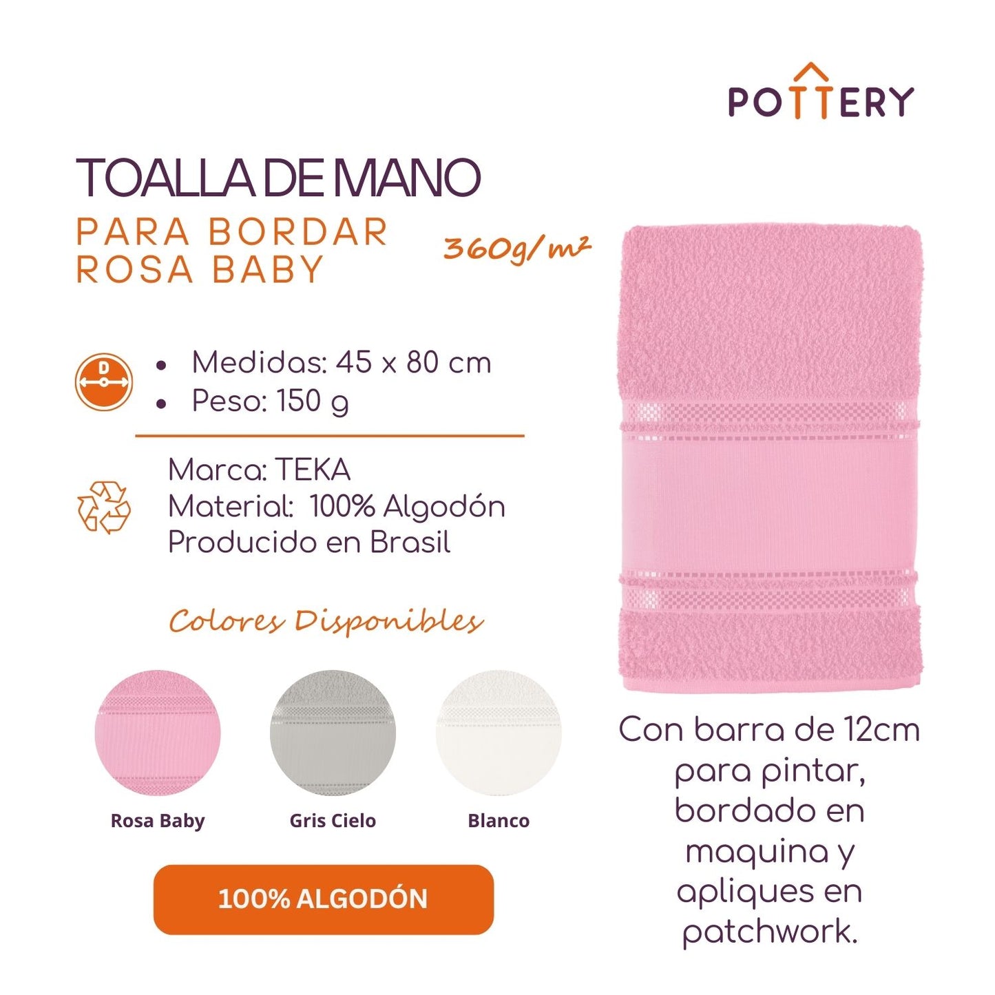 Toalla de Rostro para Pintar Valentine - 100% Algodón - 360g/m² - Teka